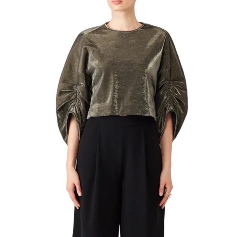 TIBI Ruched Sleeve Metallic Cropped Top 3/4 Sleeve Crew Neck Small, Gold